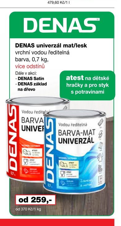DENAS univerzál mat/lesk vrchní vodou ředitelná barva, 0,7 kg, více odstínů