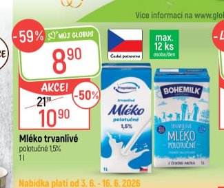 Mléko trvanlivé polotučné 1,5%
