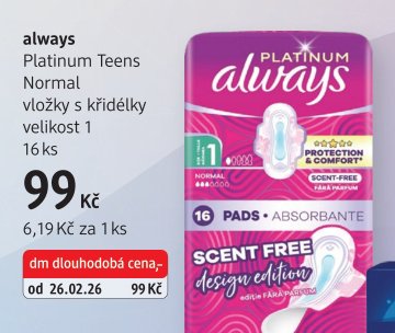 always Platinum Teens Normal vložky s křidélky