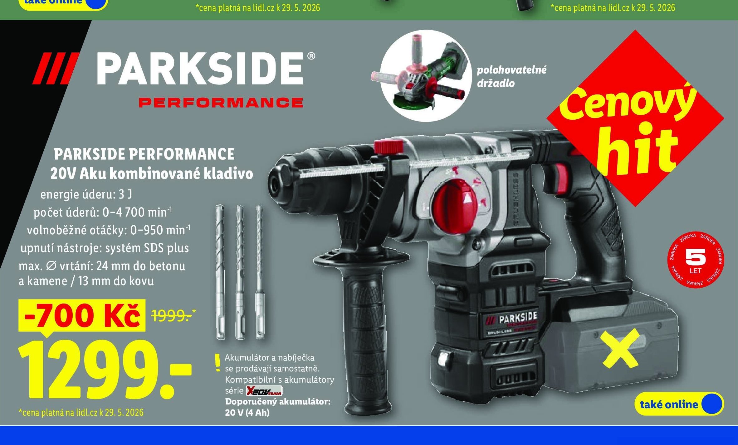 PARKSIDE PERFORMANCE 20V Aku kombinované kladivo