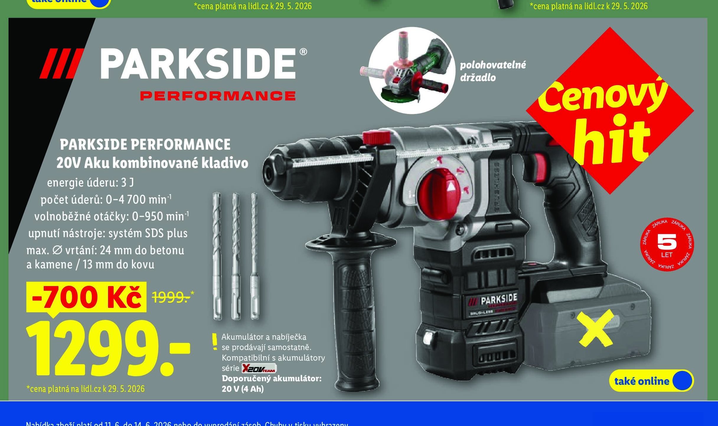 PARKSIDE PERFORMANCE 20V Aku kombinované kladivo