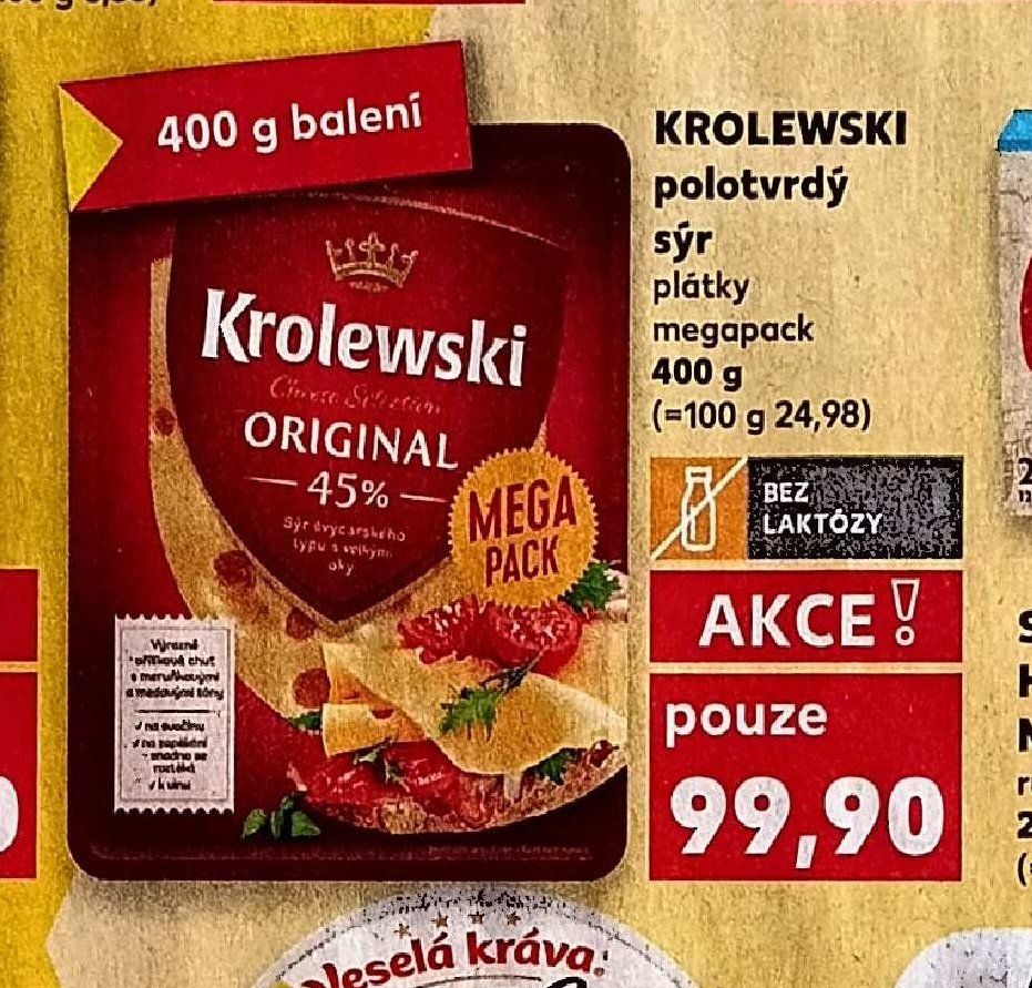 Krolewski polotvrdý sýr plátky megapack 400g