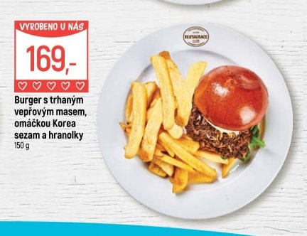 Burger s trhaným vepřovým masem, omáčkou Korea sezam a hranolky
