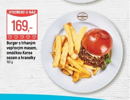 Burger s trhaným vepřovým masem, omáčkou Korea sezam a hranolky