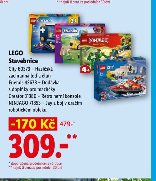 LEGO Stavebnice City 60373 - Hasičská záchranná loď a člun, Friends 42678 - Dodávka s doplňky pro mazlíčky, Creator 31380 - Retro herní konzole, NINJAGO 71853 - Jay a boj v dračím robotickém obleku