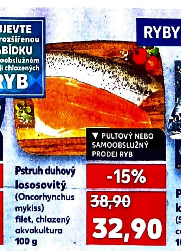 Pstruh duhový lososovitý (Oncorhynchus mykiss) filet, chlazený