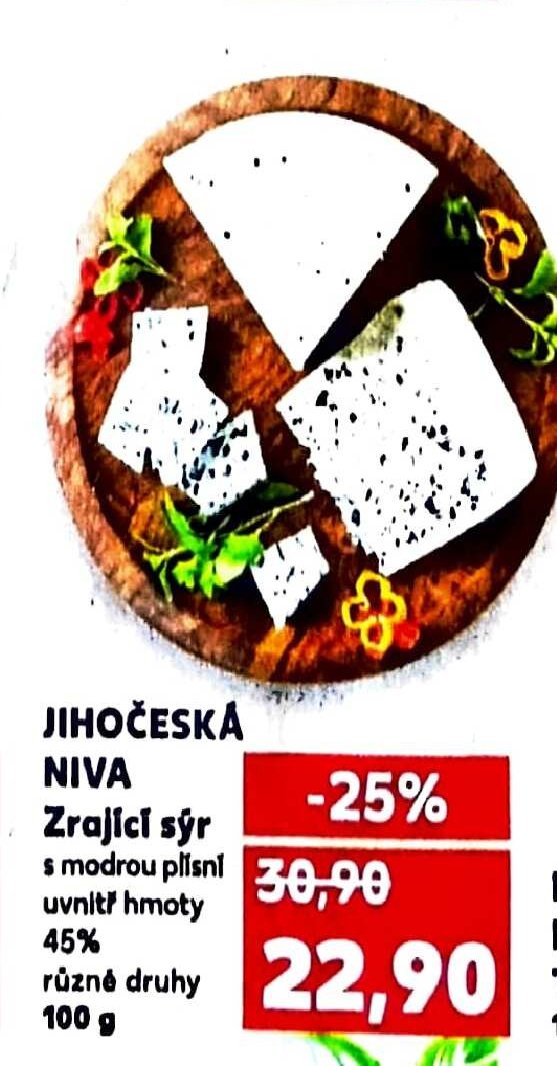 JIHOČESKÁ NIVA Zrající sýr s modrou plísní uvnitř hmoty 45% různé druhy 100 g