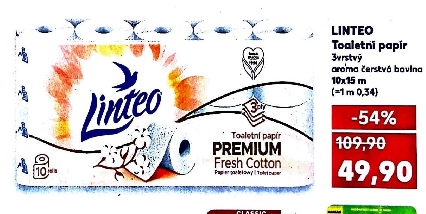 LINTEO Toaletní papír 3vrstvý Premium Fresh Cotton 10x15 m