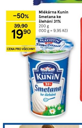 Mlékárna Kunín Smetana ke šlehání 31 % 200 g