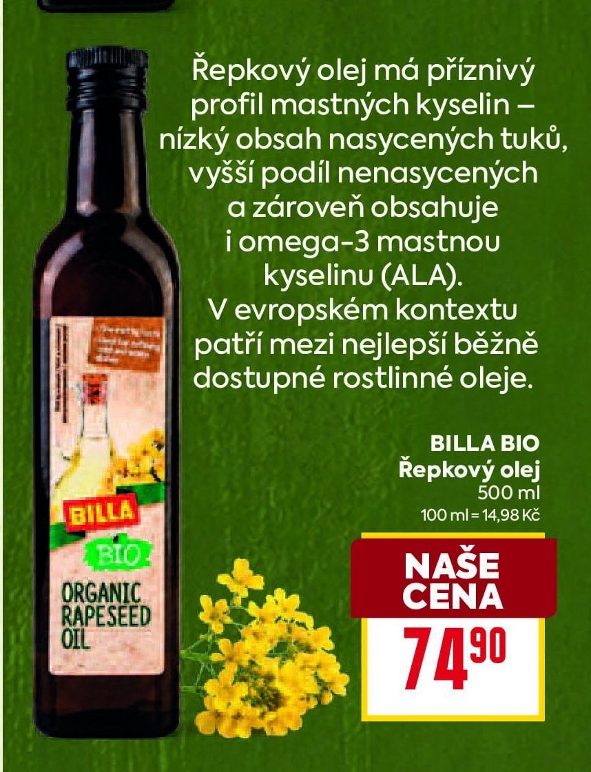 BILLA BIO Řepkový olej 500 ml