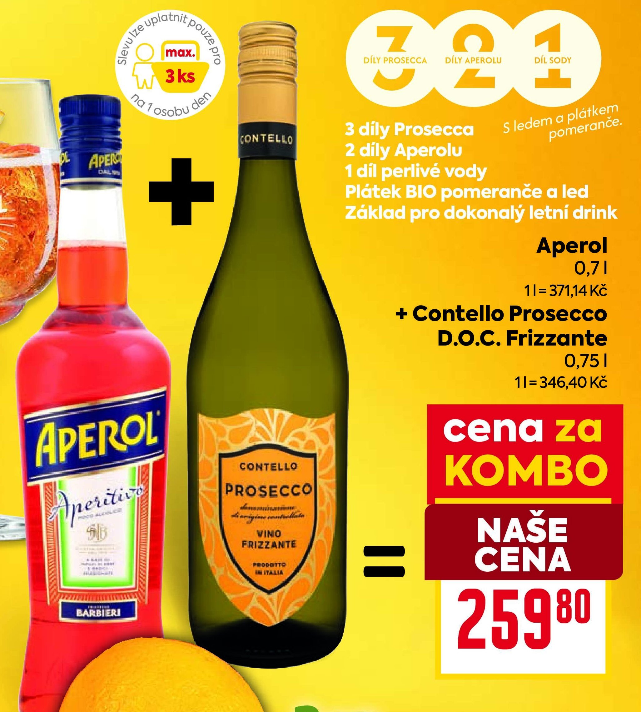 Aperol 0,7 l + Contello Prosecco D.O.C. Frizzante 0,7 l