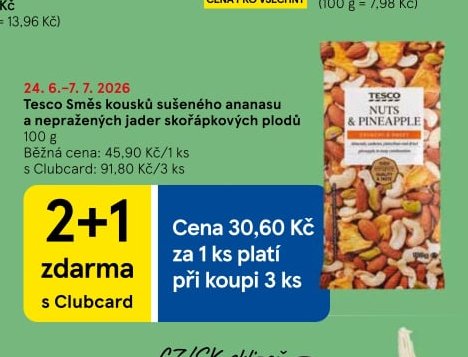 Tesco Směs kousků sušeného ananasu a nepražených jader skořápkových plodů 100 g