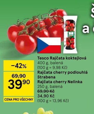 Tesco Rajčata koktejlová, Rajčata cherry podlouhlá Strabena, Rajčata cherry Nelinka