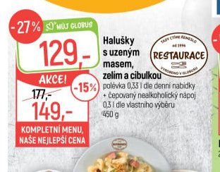 Halušky s uzeným masem, zelím a cibulkou + čepovaný nealkoholický nápoj 0,3 l dle vlastního výběru