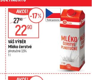 VÁŠ VÝBĚR Mléko čerstvé plnotučné 3,5%