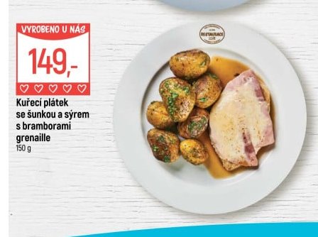 Kuřecí plátek se šunkou a sýrem s bramborami grenaille