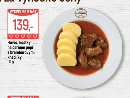 Hovězí kostky na černém pepři s bramborovými knedlíky