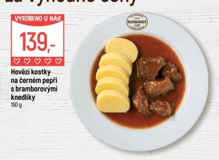 Hovězí kostky na černém pepři s bramborovými knedlíky