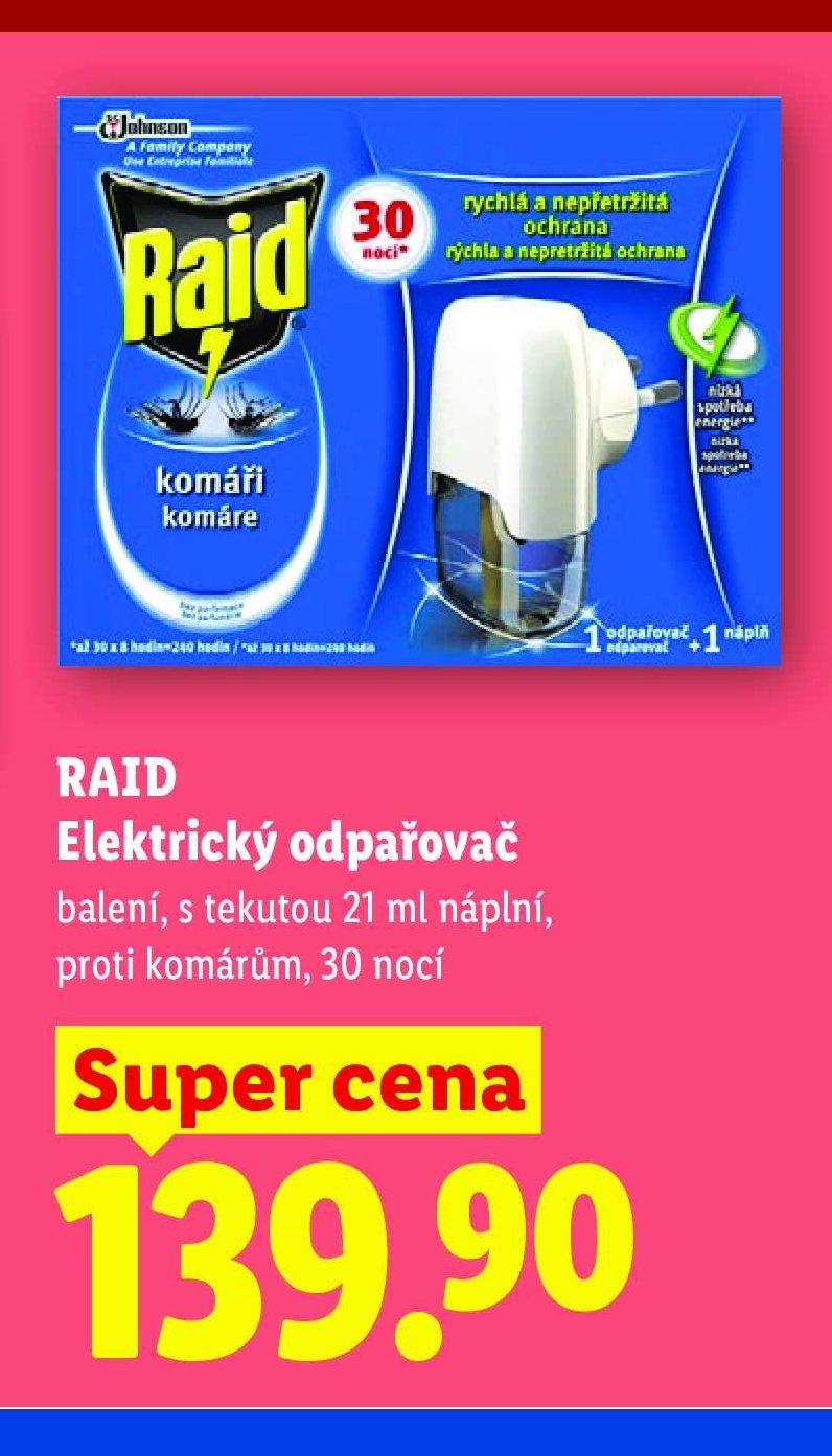 RAID Elektrický odpařovač balení, s tekutou 21 ml náplní, proti komárům, 30 nocí