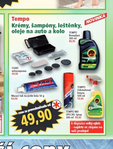 Tempo krémy, šampóny, leštěnky, oleje na auto a kolo