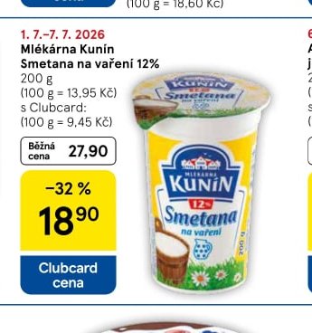 Mlékárna Kunín Smetana na vaření 12%