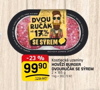 Kostlecké uzeniny HOVĚZÍ BURGER DVOURUČÁK SE SÝREM 2x 165 g