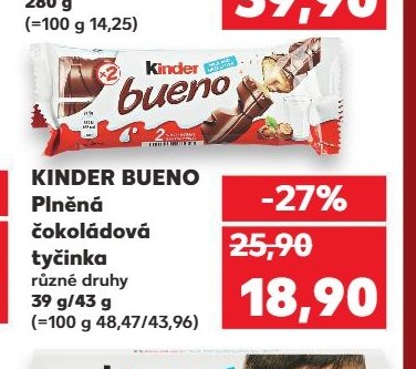 KINDER BUENO Plněná čokoládová tyčinka 39 g/43 g