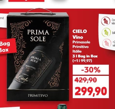 CIELO Víno Primasole Primitivo 3 l Bag in Box