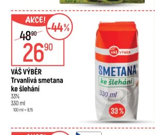 Váš výběr Trvanlivá smetana ke šlehání 33% 330ml