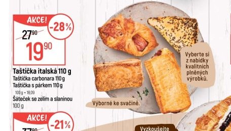 Taštička italská 110 g, Taštička carbonara 110 g, Taštička s párkem 110 g, Šáteček se zelím a slaninou 100 g