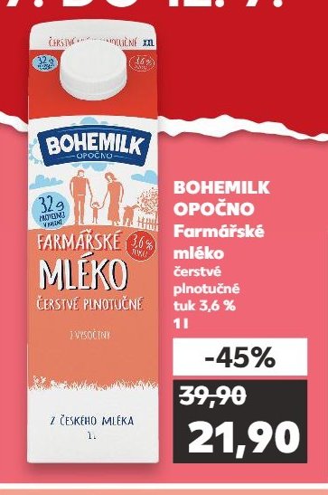 BOHEMILK OPOČNO Farmářské mléko čerstvé plnotučné tuk 3,6 % 1 l