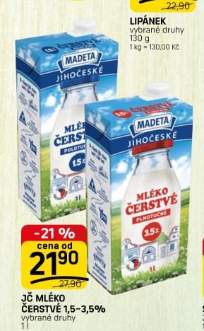 JČ mléko čerstvé 1,5-3,5% vybrané druhy 1 l