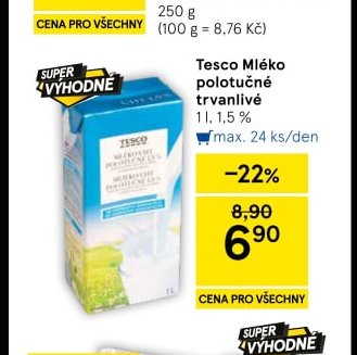 Tesco Mléko polotučné trvanlivé 1 l, 1,5 %