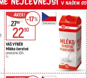 VÁŠ VÝBĚR Mléko čerstvé plnotučné 3,5% 1 l