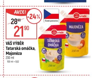 VÁŠ VÝBĚR Tatarská omáčka, Majonéza 230 ml