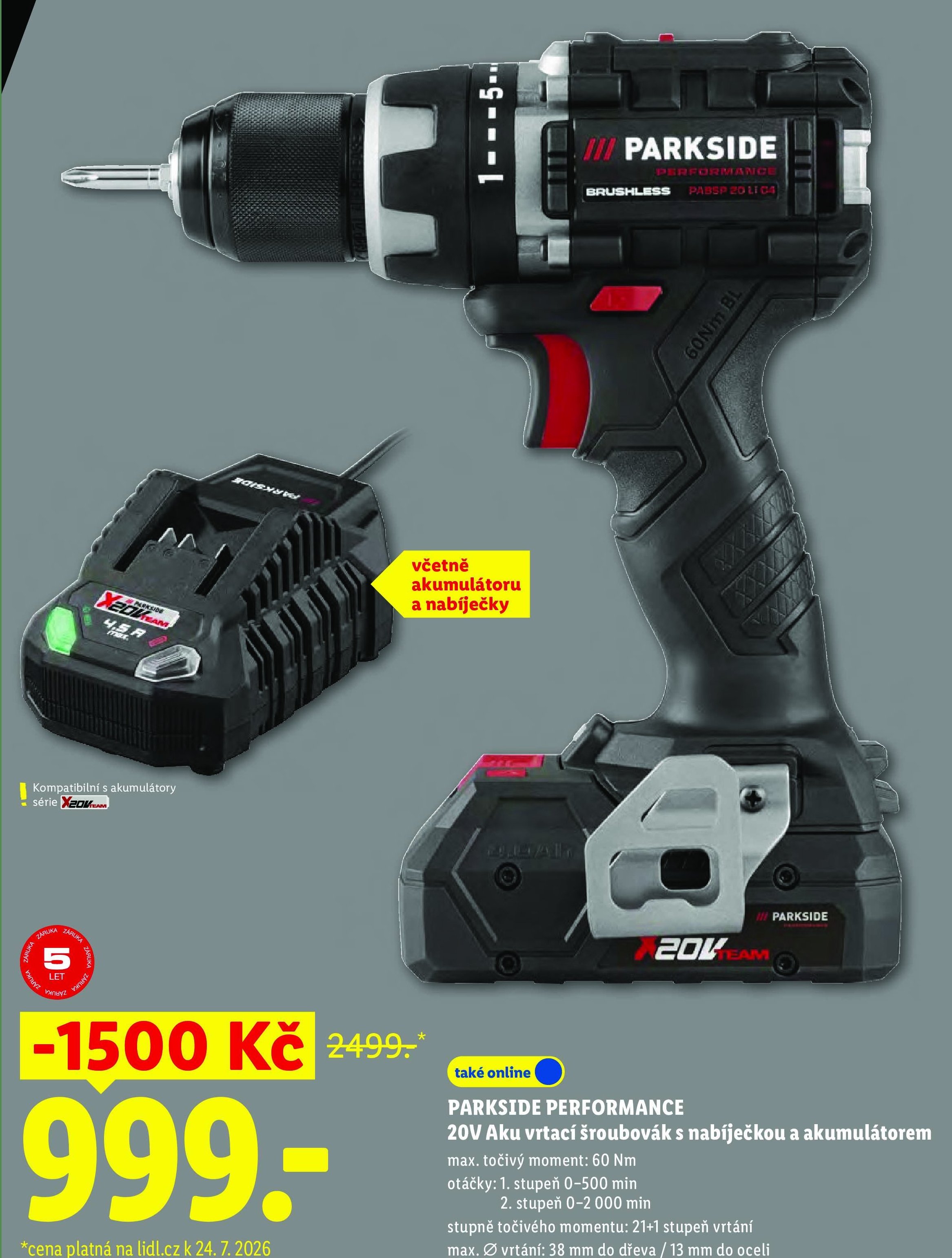 PARKSIDE PERFORMANCE 20V Aku vrtací šroubovák s nabíječkou a akumulátorem
