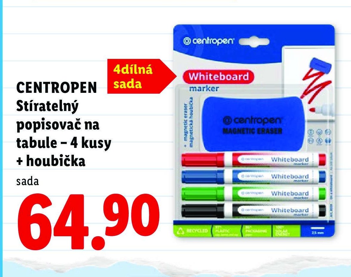 CENTROPEN Stíratelný popisovač na tabule – 4 kusy