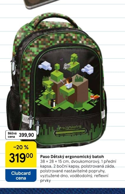 Paso Dětský ergonomický batoh 38 x 28 x 15 cm, dvoukomorový, 1 přední kapsa, 2 boční kapsy, polstrovaná záda, polstrované nastavitelné popruhy, vyztužené dno, voděodolný, reflexní prvky