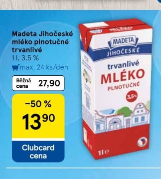 Madeta Jihočeské mléko polotučné trvanlivé
