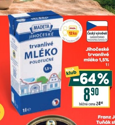Madeta Jihočeské trvanlivé mléko 1,5% 1 l