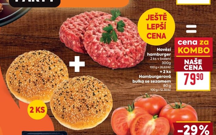 Hovězí hamburger 2 ks v balení 300 g + Hamburgerová bulka se sezamem 80 g
