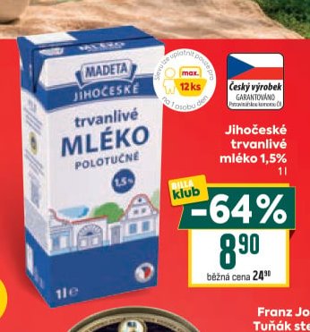 Jihočeské trvanlivé mléko 1,5% 1 l