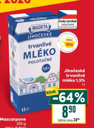 Jihočeské trvanlivé mléko 1,5%