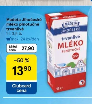 Madeta Jihočeské mléko plnotučné trvanlivé