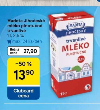 Madeta Jihočeské mléko polotučné trvanlivé