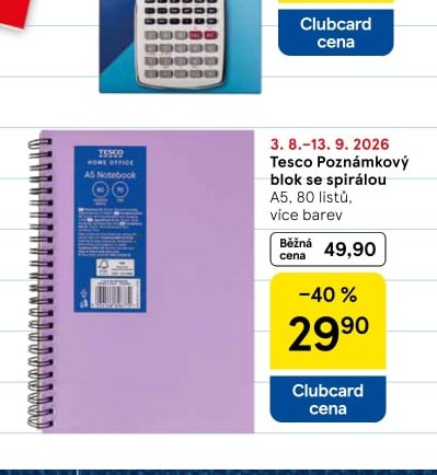 Tesco Poznámkový blok se spirálou A5, 80 listů, více barev