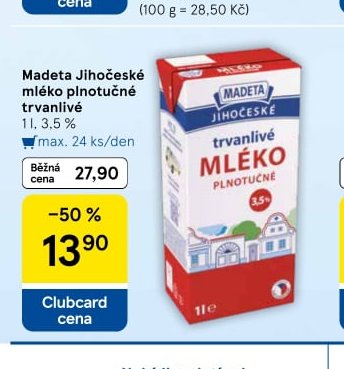 Madeta Jihočeské mléko plnotučné trvanlivé
