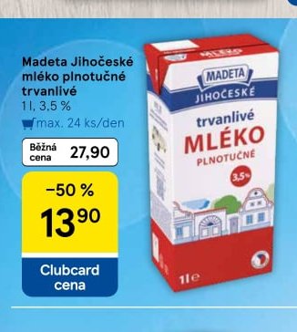 Madeta Jihočeské mléko plnotučné trvanlivé