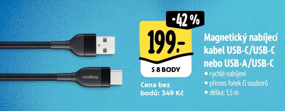 Magnetický nabíjecí kabel USB-C/USB-C nebo USB-A/USB-C