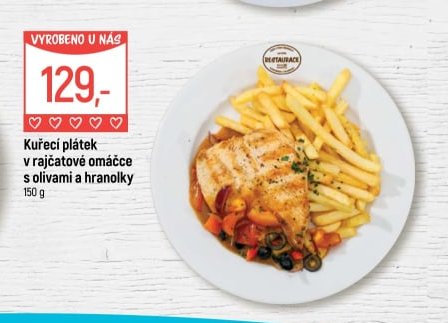 Kuřecí plátek v rajčatové omáčce s olivami a hranolky
